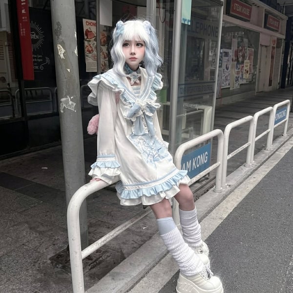 White and Pastel Blue Ruffled Babydoll Dress, Close-Up Take — Trendy Kawaii Outfits