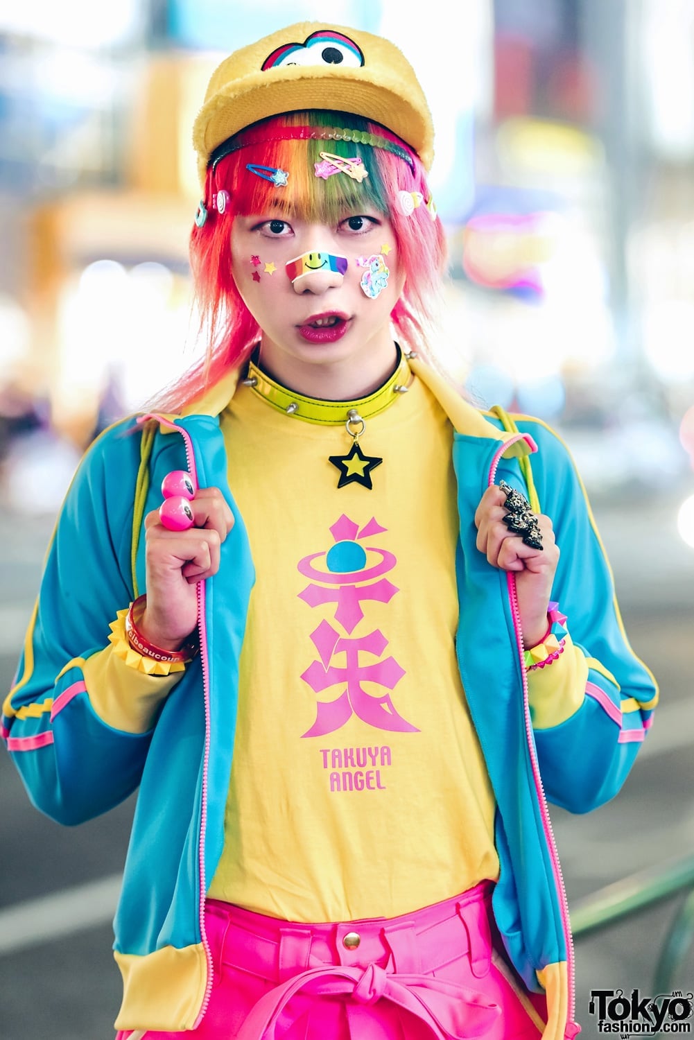 Yellow Graphic T-Shirt with Blue Track Jacket — Trendy Kawaii Outfits