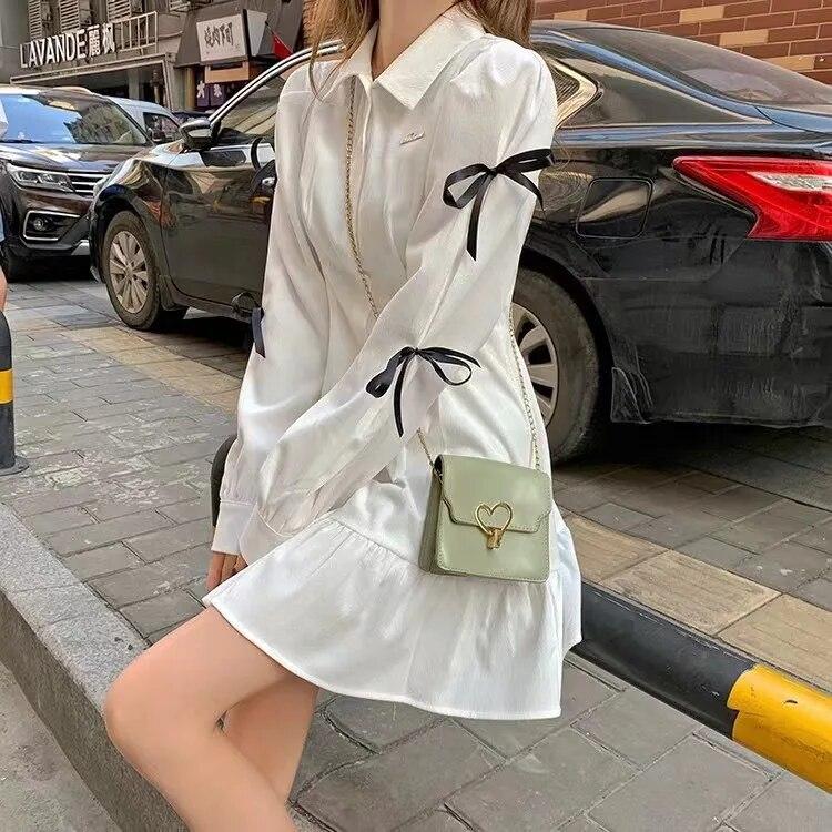 White Collared Mini Dress with Black Ribbon Bows — Trendy Kawaii Outfits