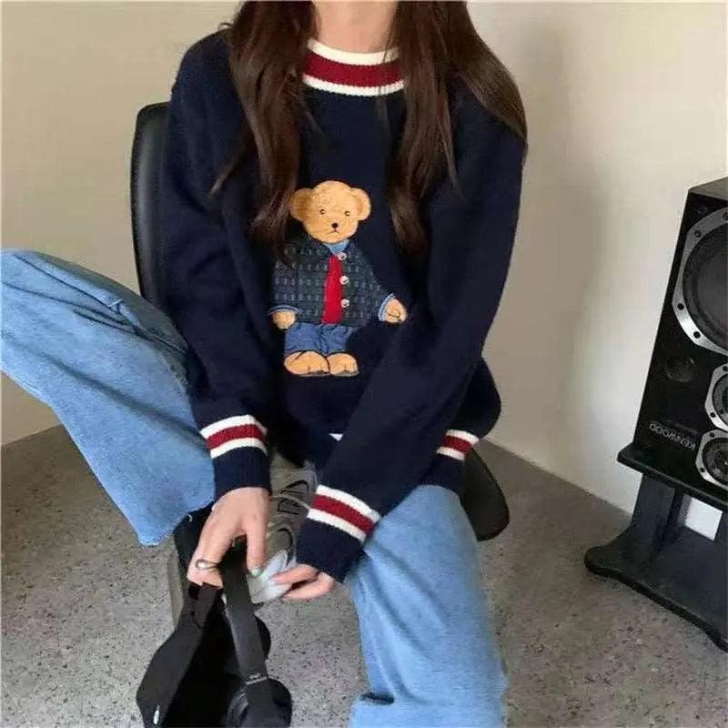 Navy Sweater with Teddy Bear Graphic — Trendy Kawaii Outfits