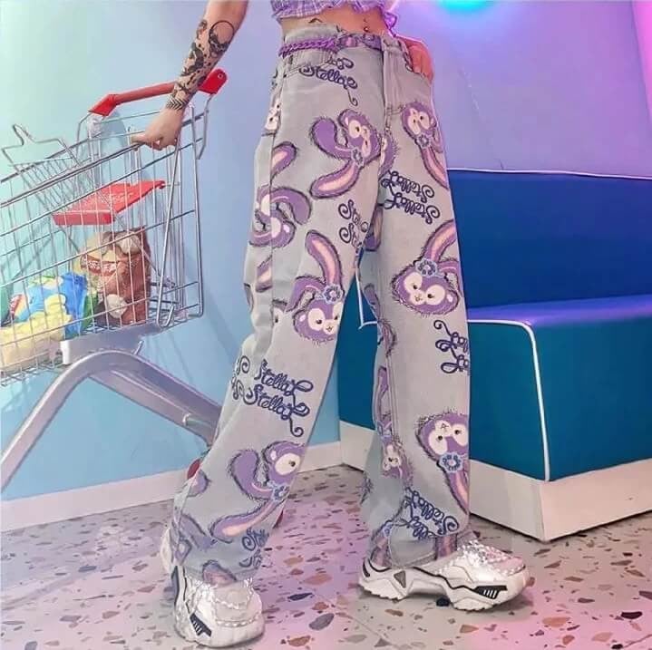 Light Blue Jeans with Purple Character Print — Trendy Kawaii Outfits