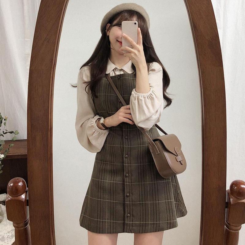 Brown Plaid Pinafore Dress with Cream Blouse — Trendy Kawaii Outfits