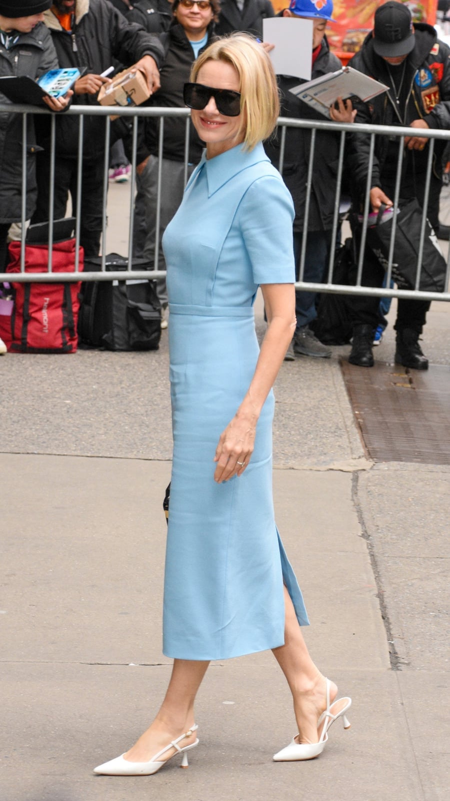 Light Blue Dress with White Slingback Kitten Heels — Trendy Kitten Heels Outfits