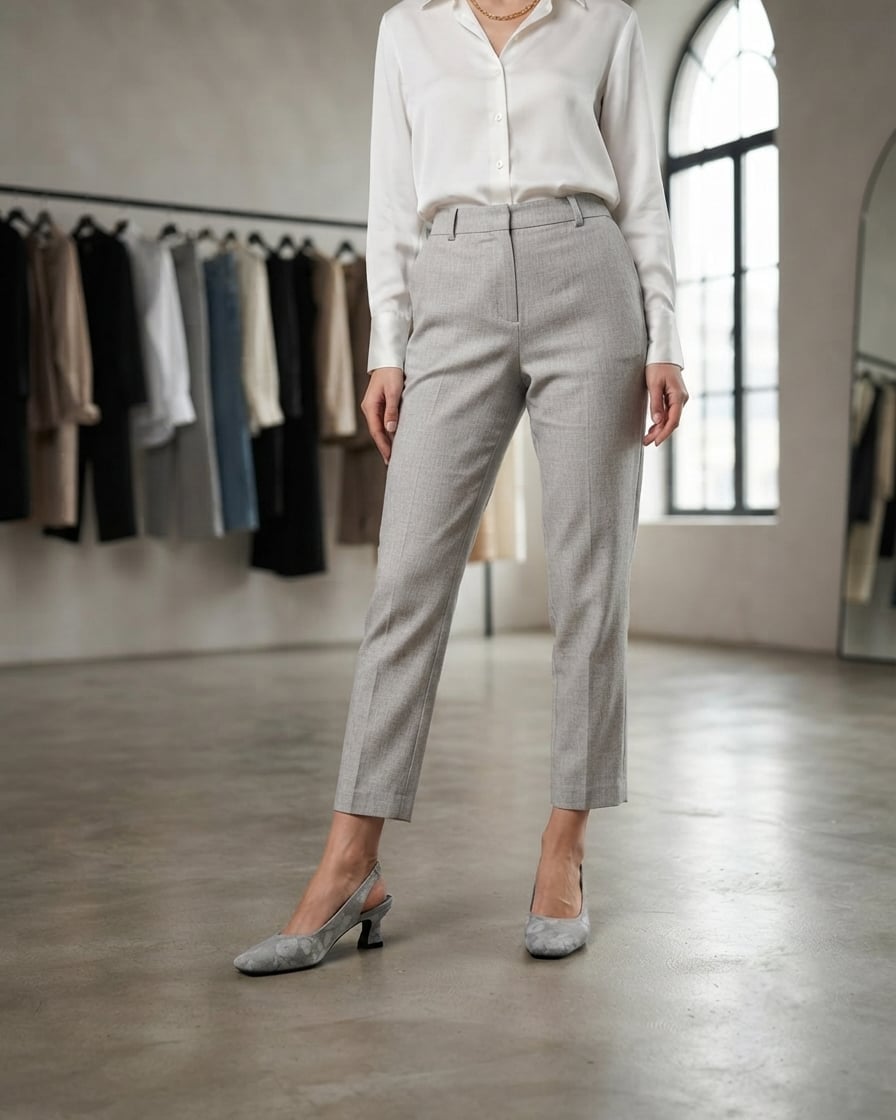 Grey Trousers and Patterned Slingback Kitten Heels — Trendy Kitten Heels Outfits