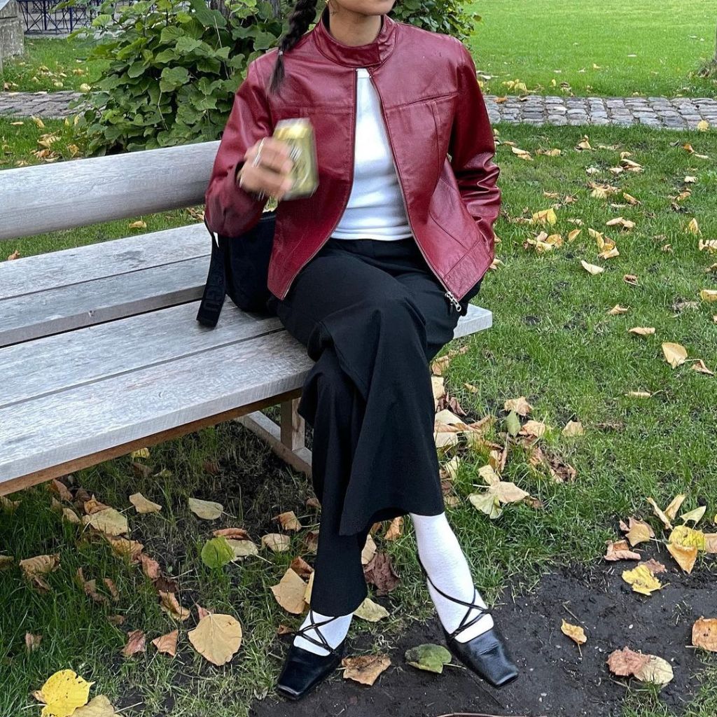 Burgundy Jacket with Black Strappy Flats and Wide Leg Trousers — Trendy Kitten Heels Outfits