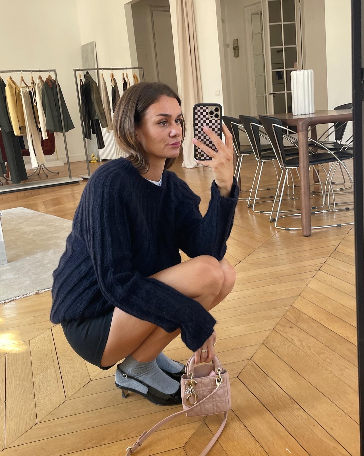 Navy Sweater with Grey Socks and Kitten Heels and Mini Handbag — Trendy Kitten Heels Outfits