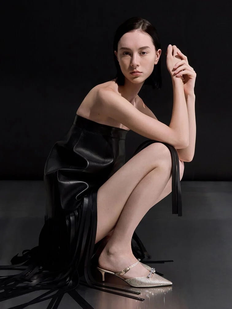 Black Leather Dress with Embellished Kitten Mules, Close-Up Take — Trendy Kitten Heels Outfits