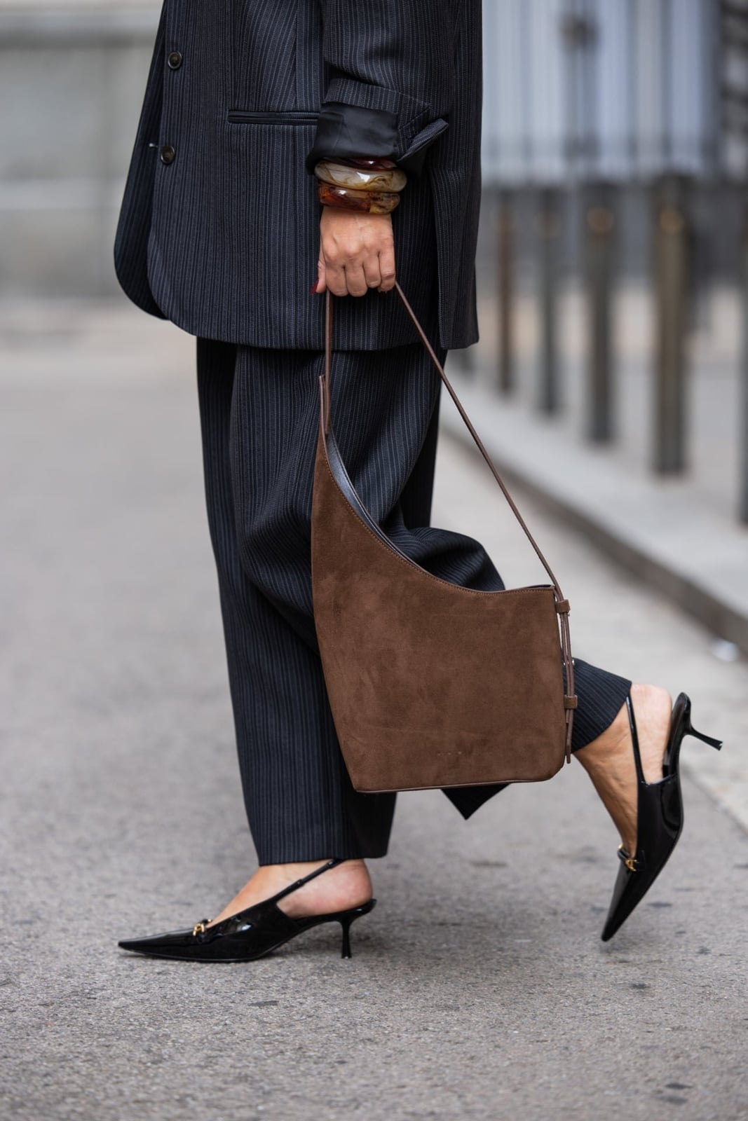 Pinstripe Suit with Patent Kitten Heels — Trendy Kitten Heels Outfits