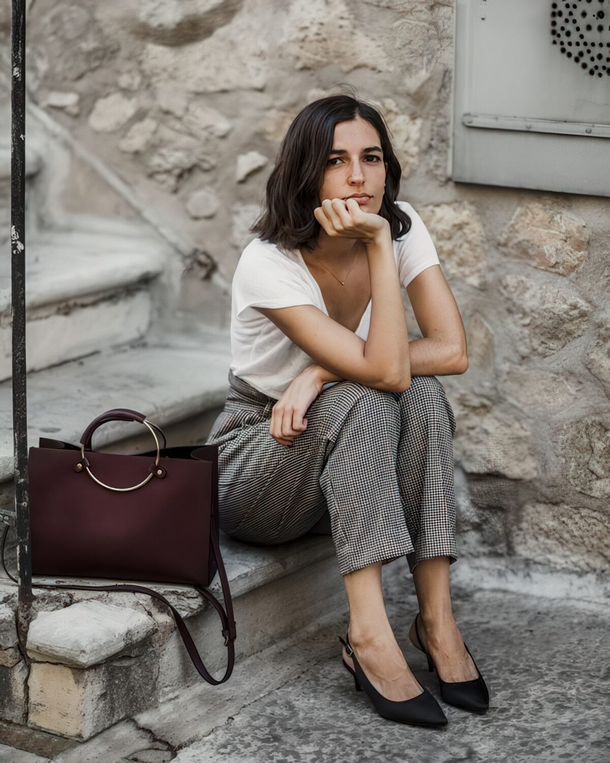 Checked Trousers with Black Kitten Heels — Trendy Kitten Heels Outfits