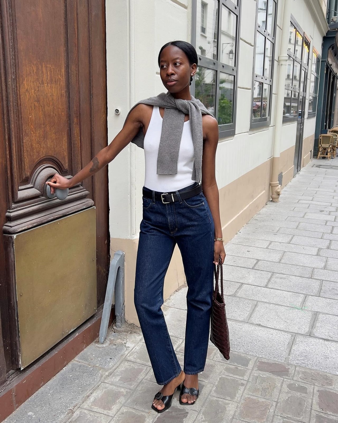 Grey Cardigan with Black Square Toe Mules and Straight Leg Jeans — Trendy Kitten Heels Outfits