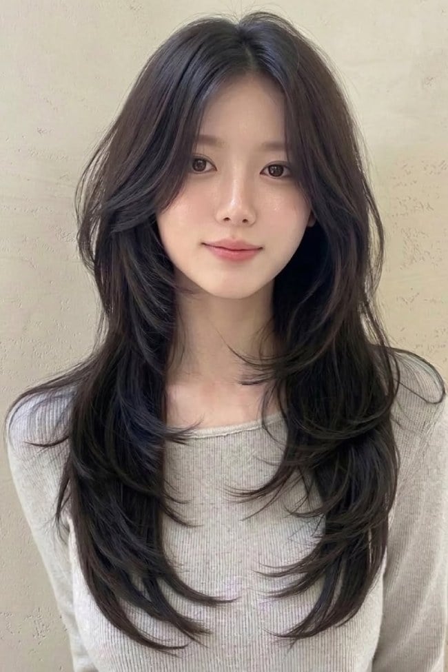 Mid-Back Layers With Curtain Bangs — Trendy Korean Hairstyles