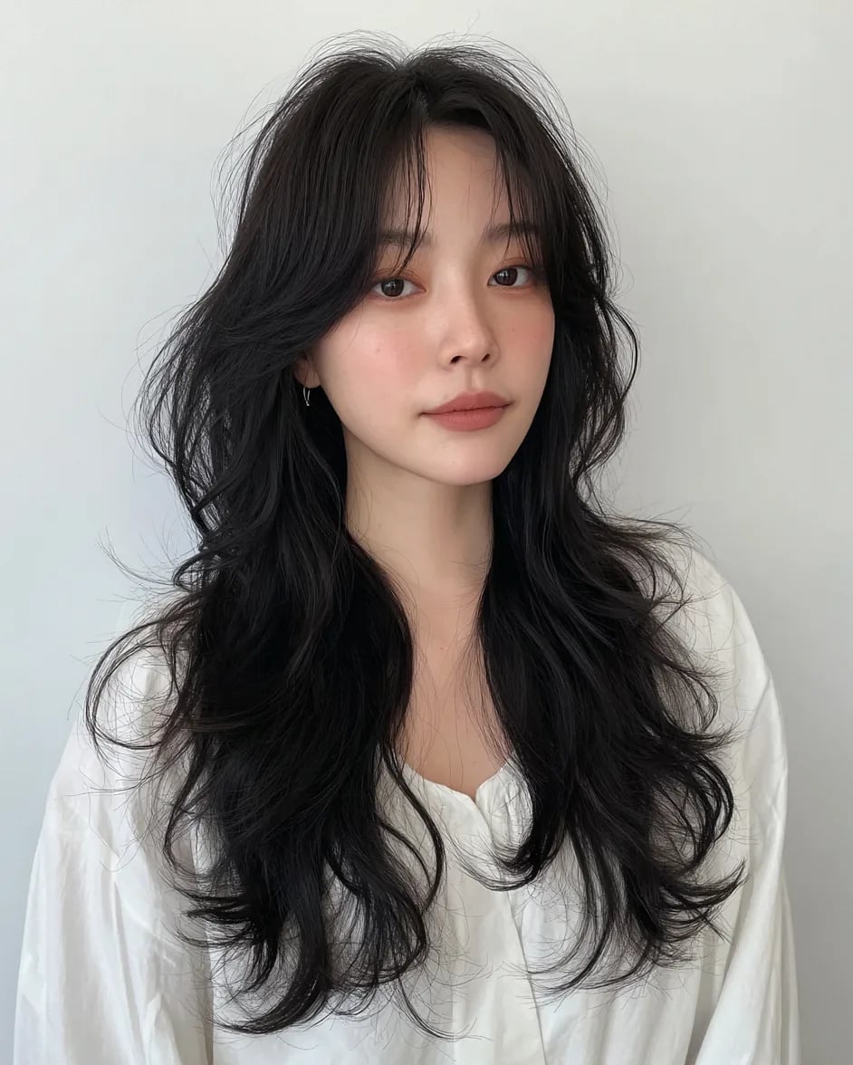 Mid-Back Layers With Wispy Bangs, Black — Trendy Korean Hairstyles