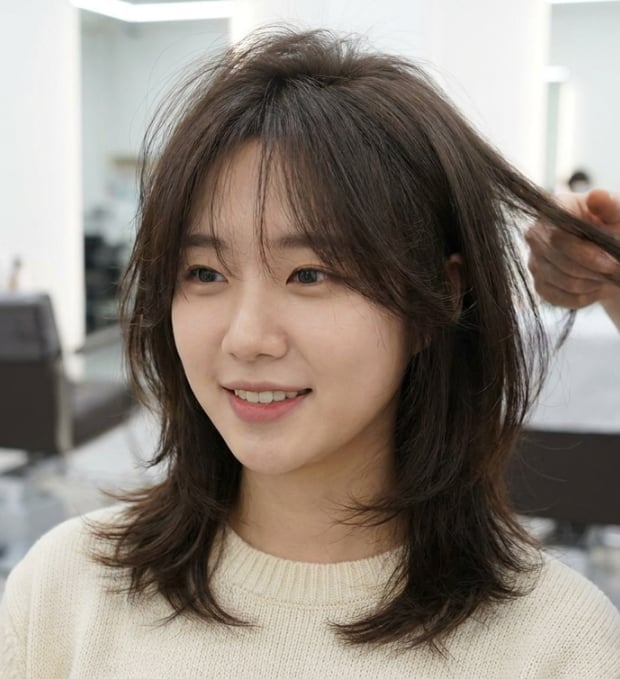 Collarbone Layers With Curtain Bangs, Dark Brown — Trendy Korean Hairstyles