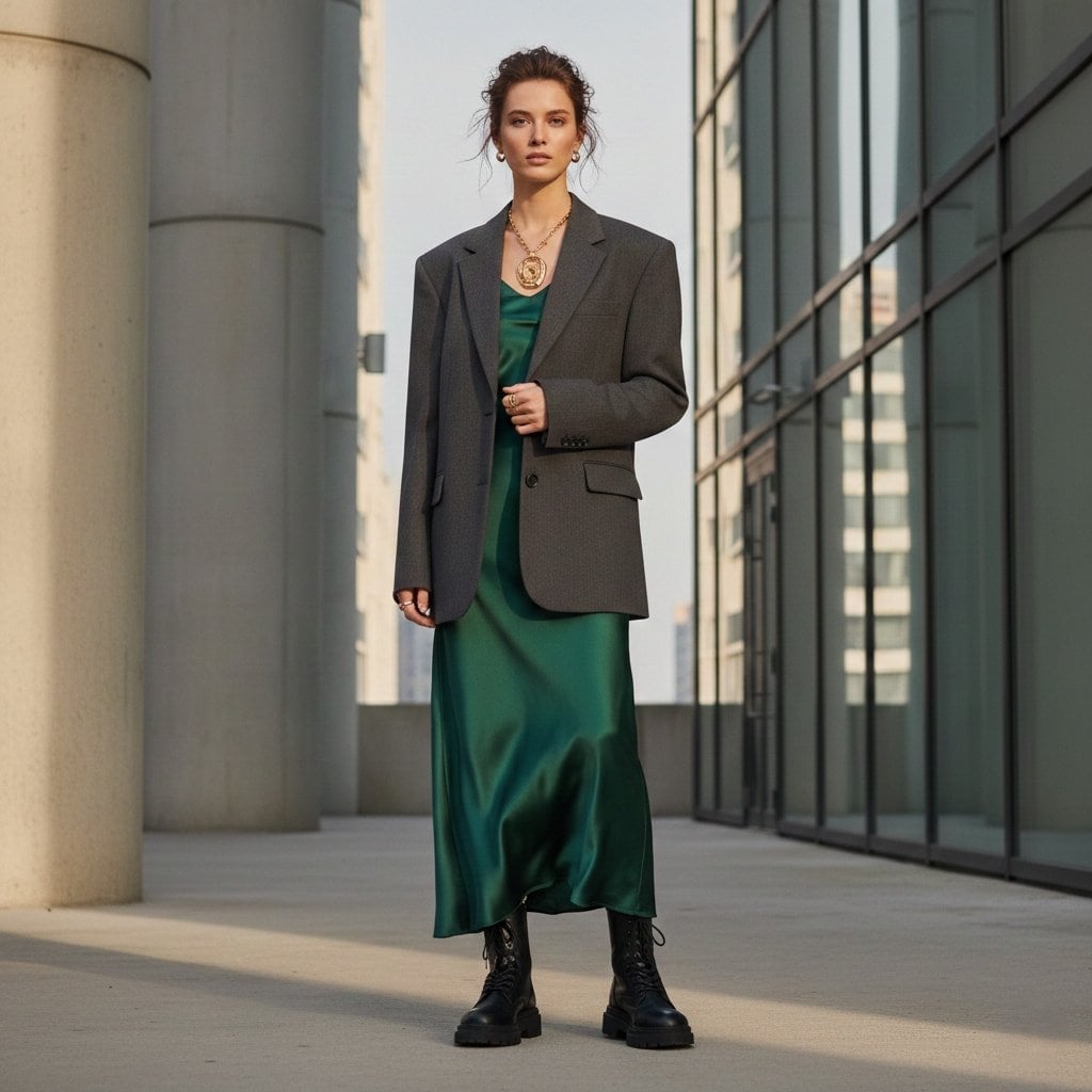 Oversized Blazer Over Emerald Green Slip Dress Oversized Blazer Over Emerald Green Slip Dress — Trendy Layering Outfits