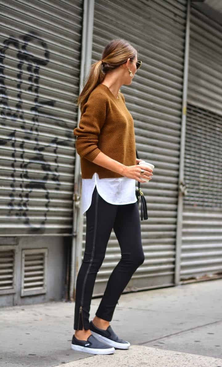 Brown Sweater Over White Shirt With Striped Pants Brown Sweater Over White Shirt With Striped Pants — Trendy Layering Outfits