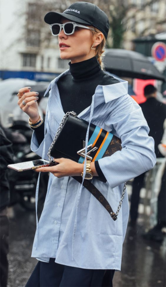 Striped Oversized Shirt Over Black Turtleneck Striped Oversized Shirt Over Black Turtleneck — Trendy Layering Outfits