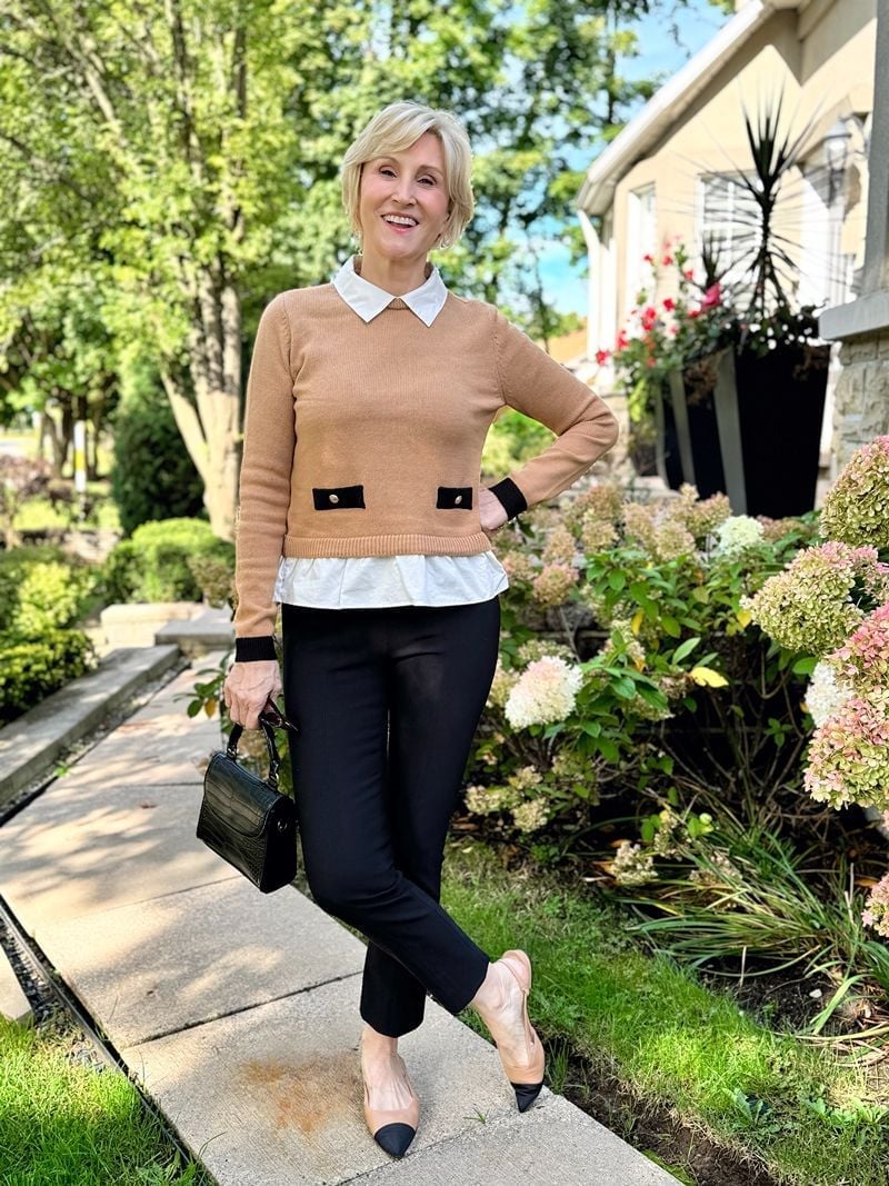 Camel Sweater With Black Trim Over Collared Shirt Camel Sweater With Black Trim Over Collared Shirt — Trendy Layering Outfits