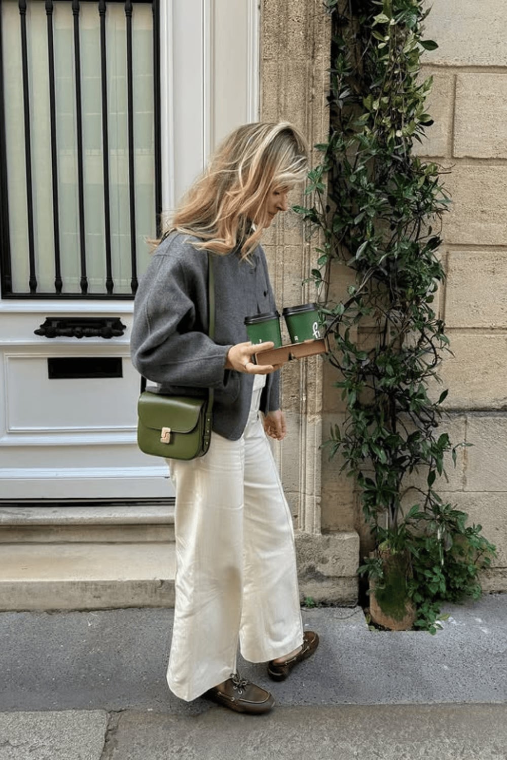 Grey Cardigan Over Cream Wide Leg Trousers Grey Cardigan Over Cream Wide Leg Trousers — Trendy Layering Outfits