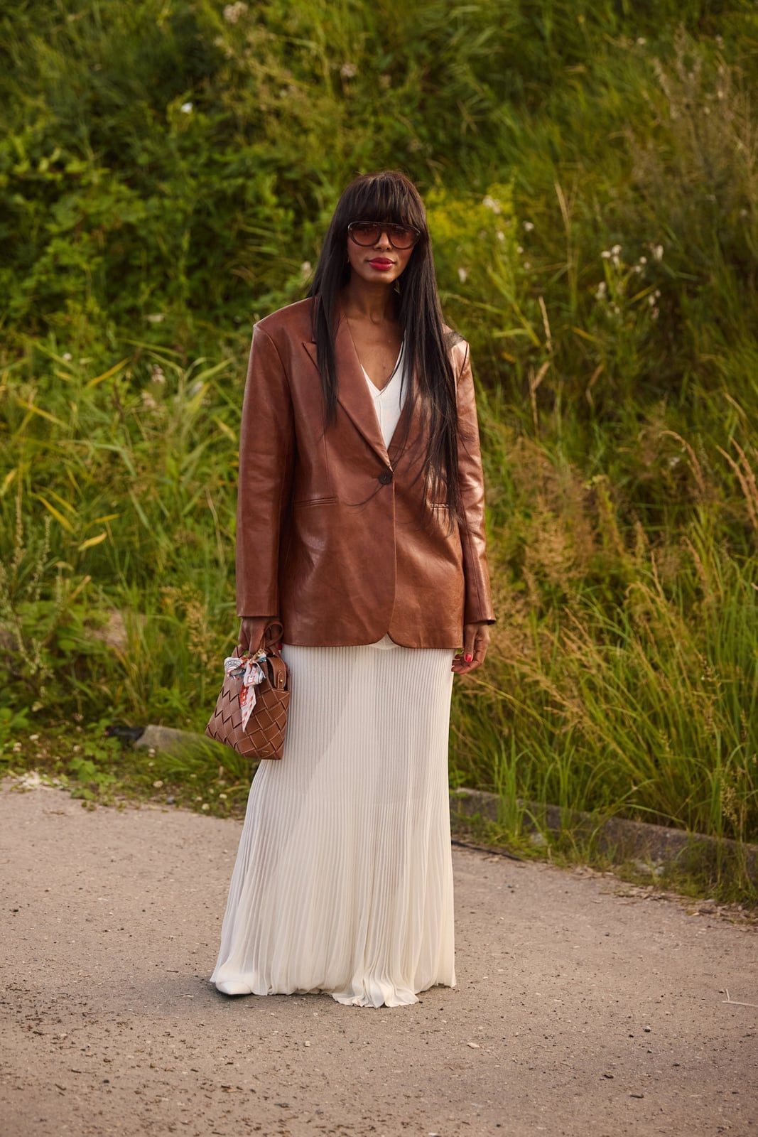 Leather Blazer Over White Top and Pleated Skirt Leather Blazer Over White Top and Pleated Skirt — Trendy Layering Outfits