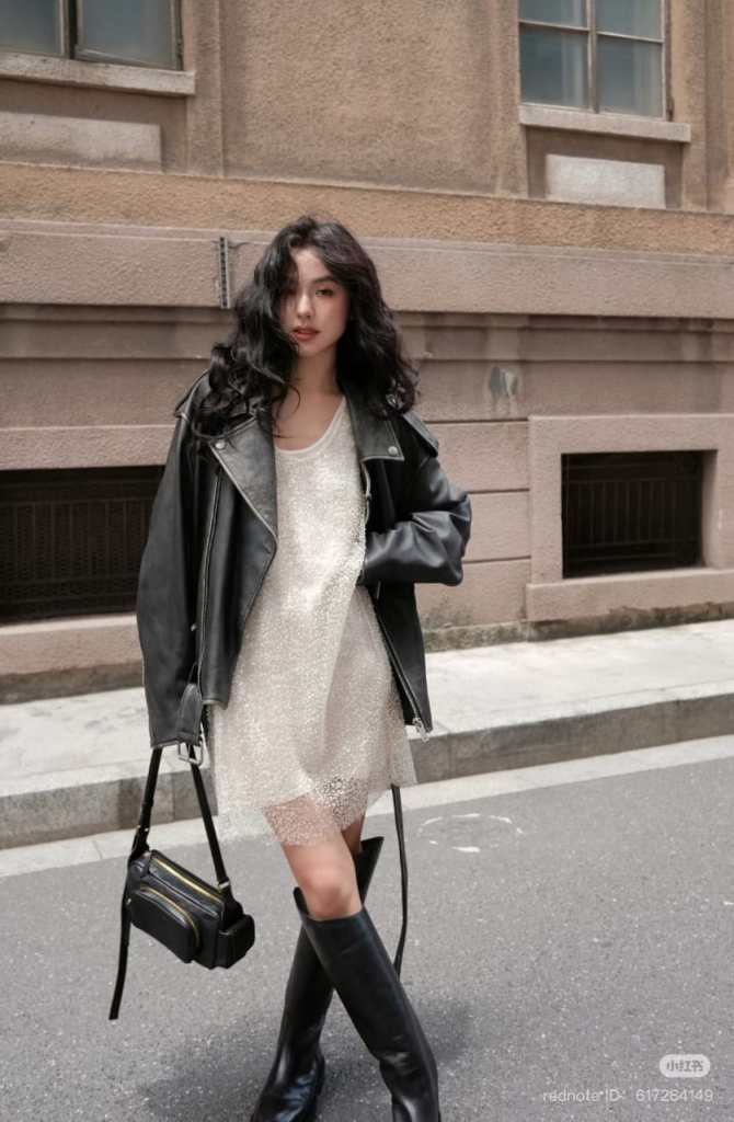 Leather Jacket Over White Lace Dress Leather Jacket Over White Lace Dress — Trendy Layering Outfits