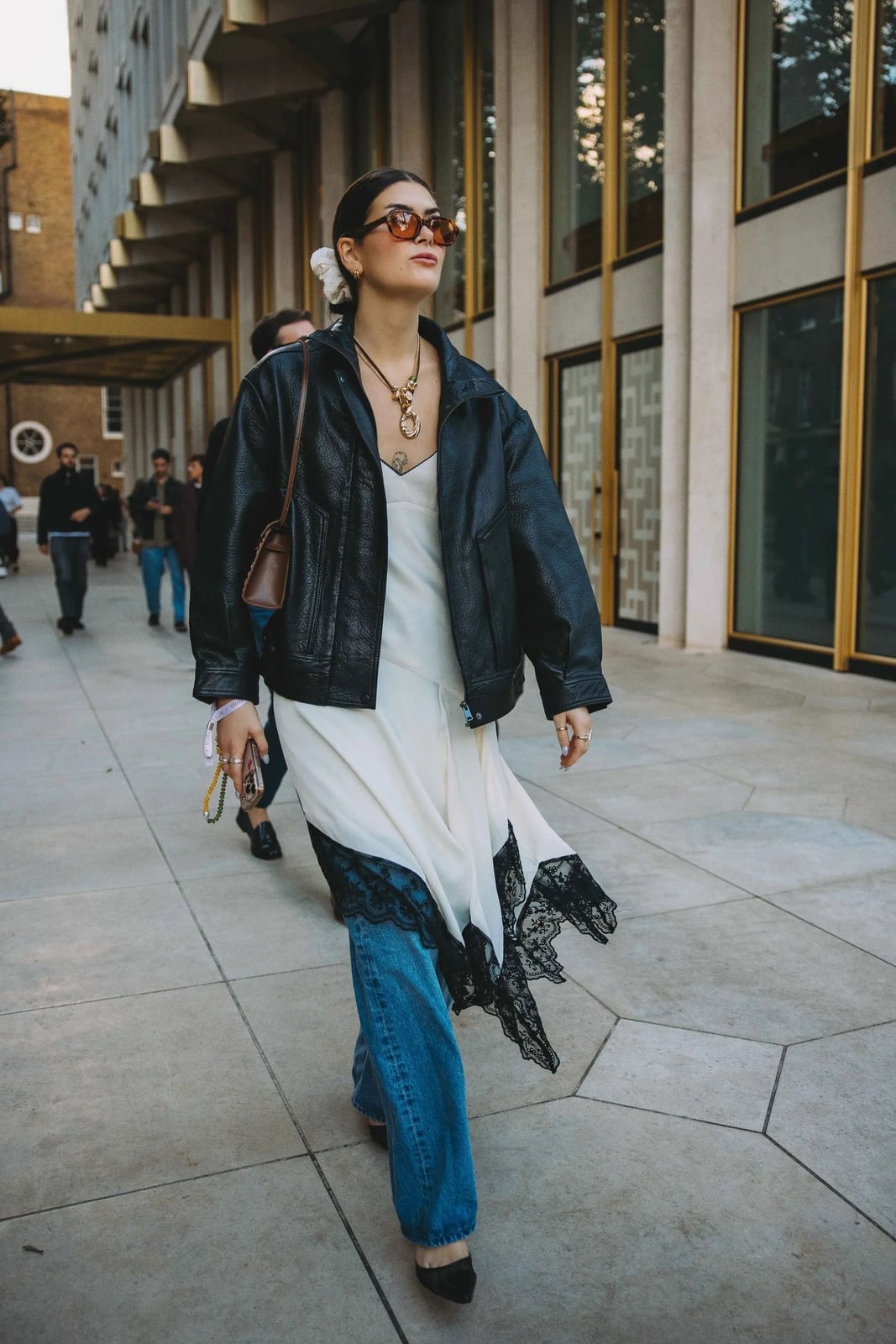 Leather Jacket Over Slip Dress and Jeans Leather Jacket Over Slip Dress and Jeans — Trendy Layering Outfits