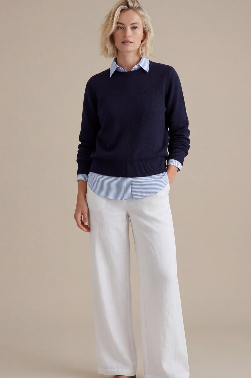 Navy Sweater Over Striped Shirt With White Trousers, Cotton Navy Sweater Over Striped Shirt With White Trousers, Cotton — Trendy Layering Outfits