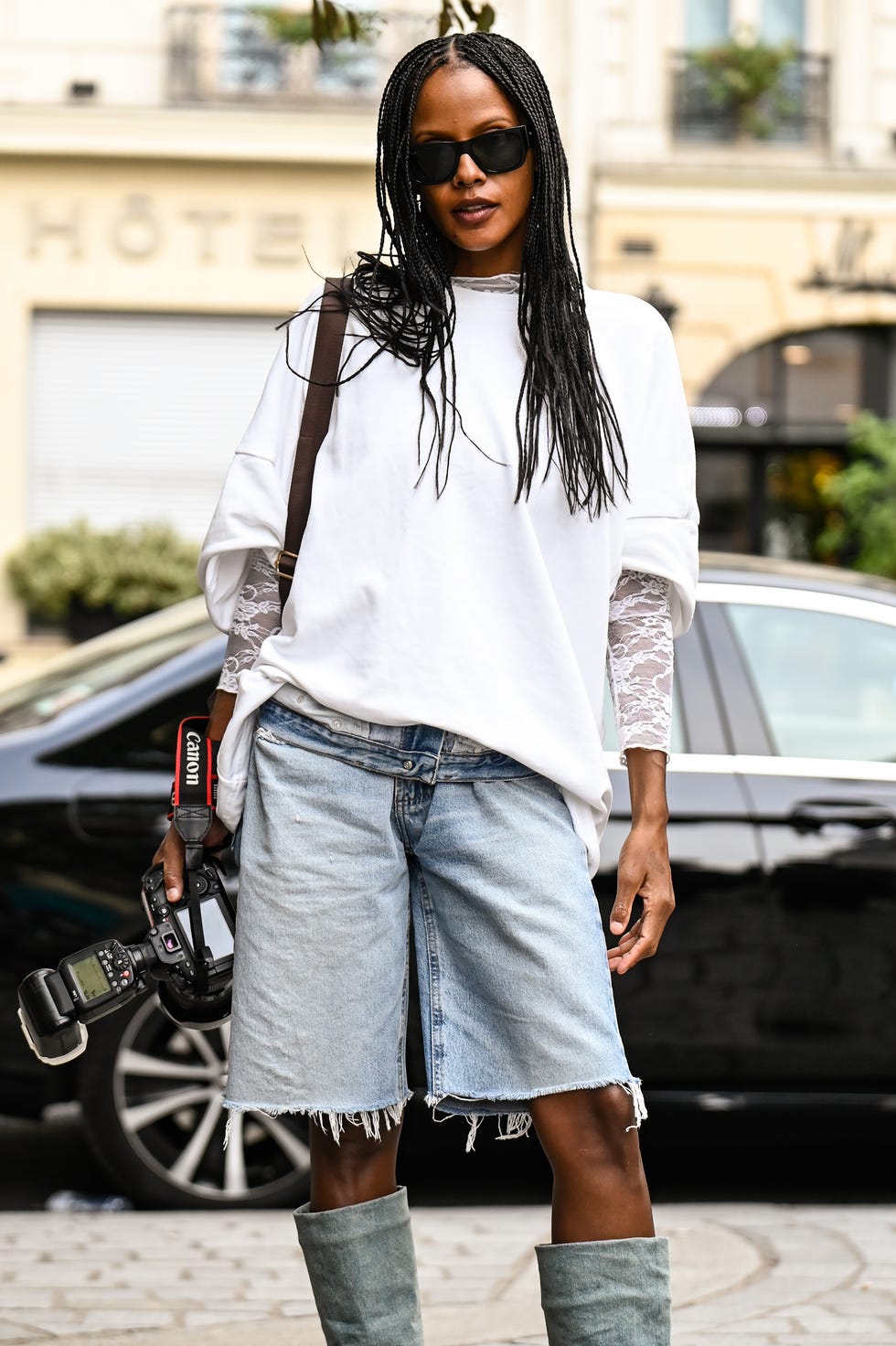 Sweatshirt Over Lace Cuffs and Distressed Shorts Sweatshirt Over Lace Cuffs and Distressed Shorts — Trendy Layering Outfits
