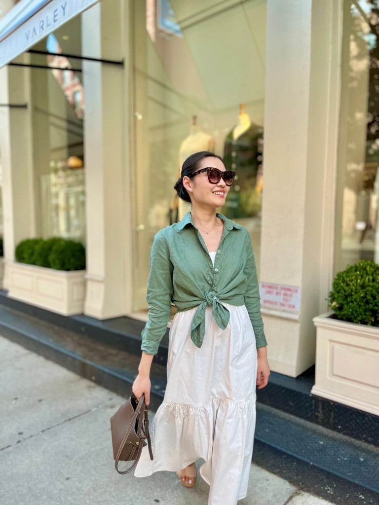 Green Linen Shirt Tied Over Tiered Dress Green Linen Shirt Tied Over Tiered Dress — Trendy Layering Outfits