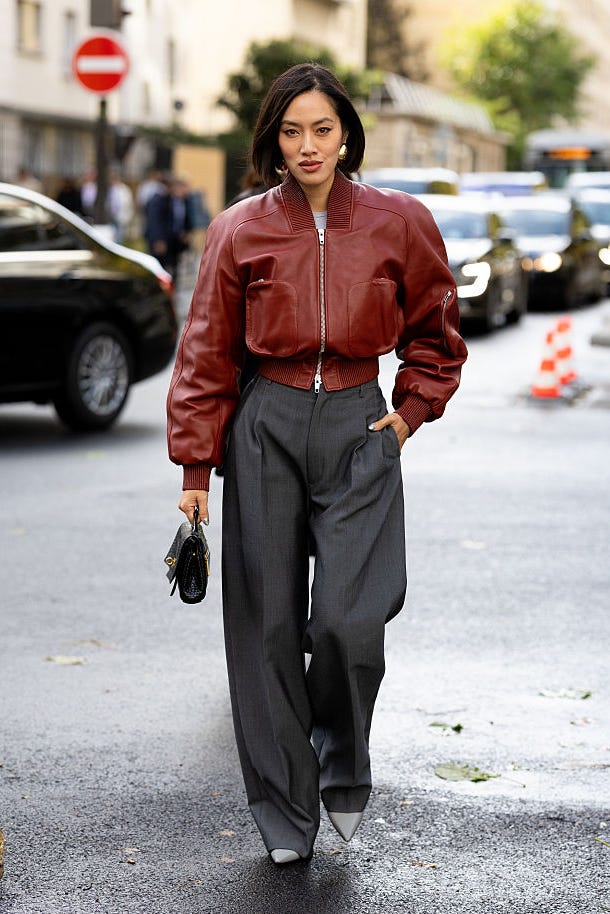 Oversized Red Bomber Jacket with Wide Leg Trousers Oversized Red Bomber Jacket with Wide Leg Trousers — Trendy Leather Jacket Outfits Women