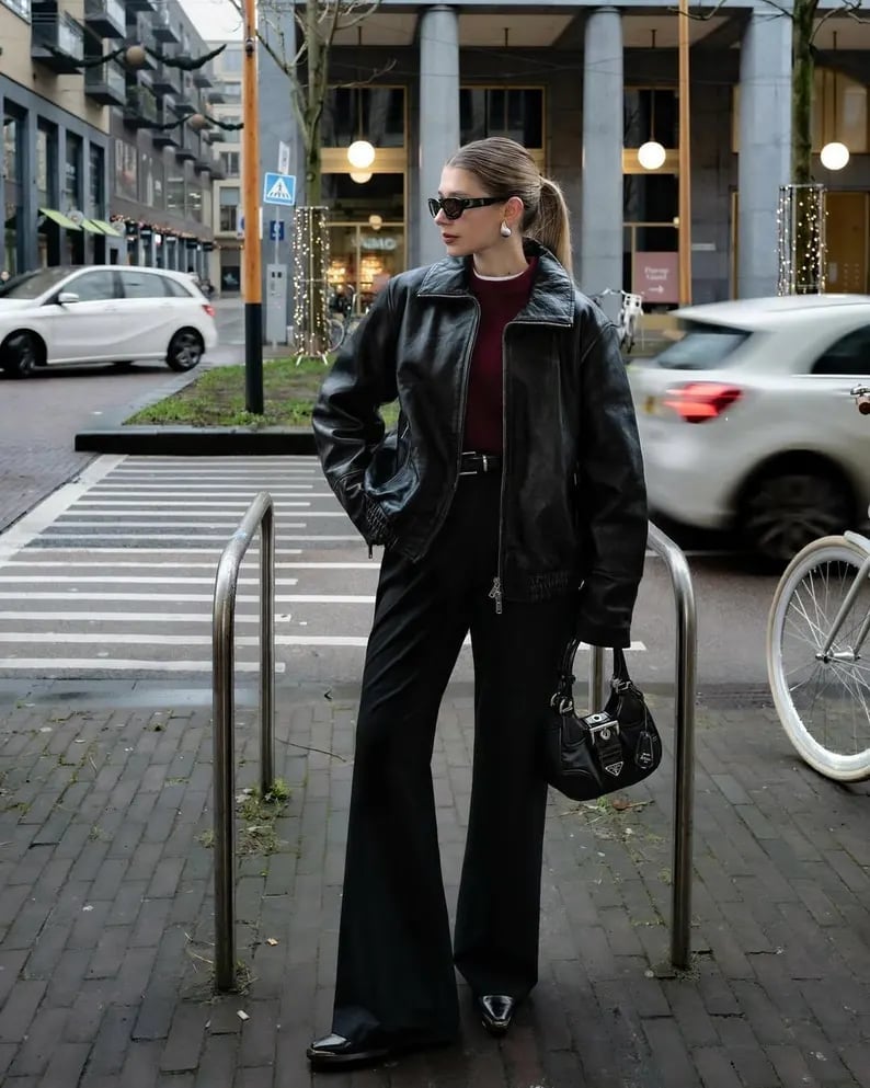 Black Leather Jacket with Wide Leg Trousers and Belt Black Leather Jacket with Wide Leg Trousers and Belt — Trendy Leather Jacket Outfits Women