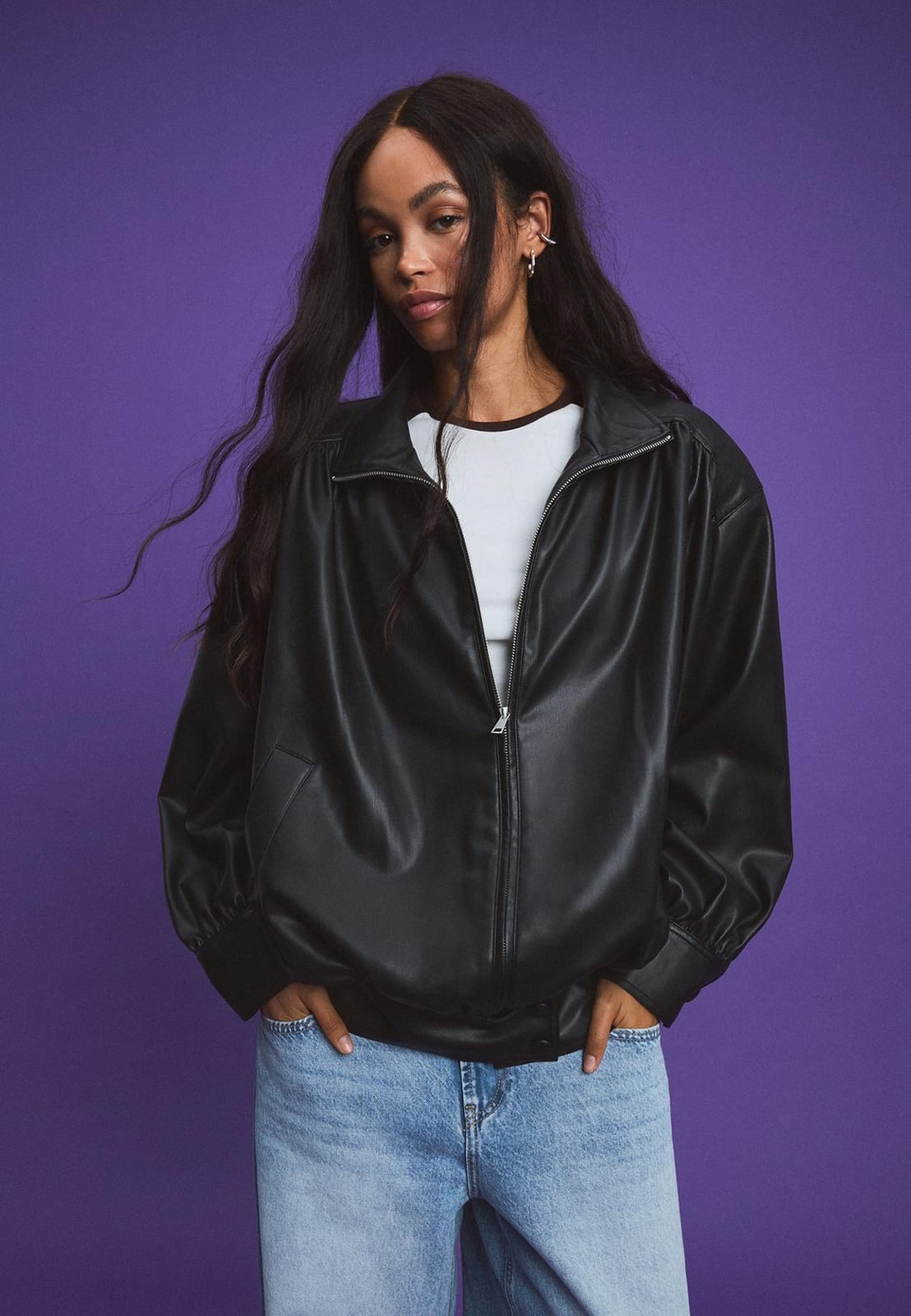 Black Bomber Jacket with Crop Top and Jeans Black Bomber Jacket with Crop Top and Jeans — Trendy Leather Jacket Outfits Women