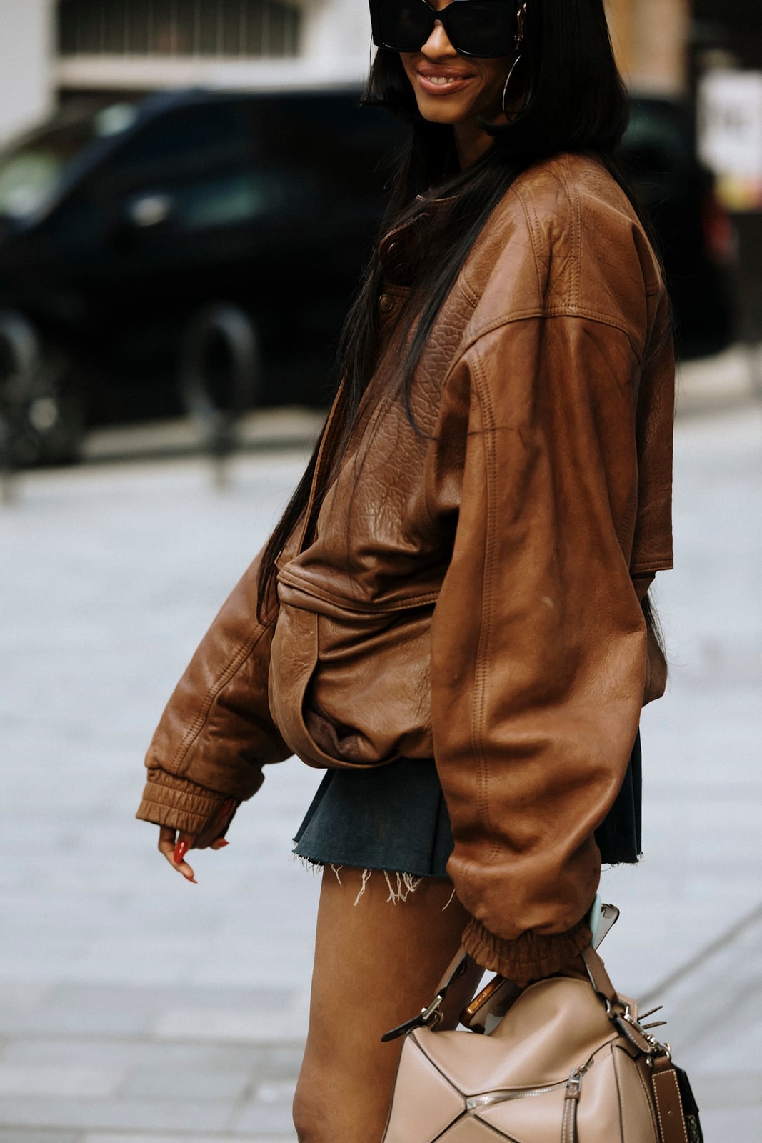 Distressed Brown Bomber Jacket with Denim Skirt Distressed Brown Bomber Jacket with Denim Skirt — Trendy Leather Jacket Outfits Women