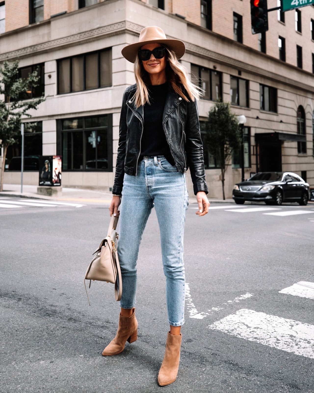 Black Moto Jacket with Jeans and Fedora Black Moto Jacket with Jeans and Fedora — Trendy Leather Jacket Outfits Women