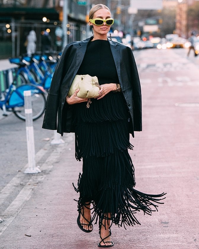 Black Leather Jacket with Fringe Maxi Skirt Black Leather Jacket with Fringe Maxi Skirt — Trendy Leather Jacket Outfits Women