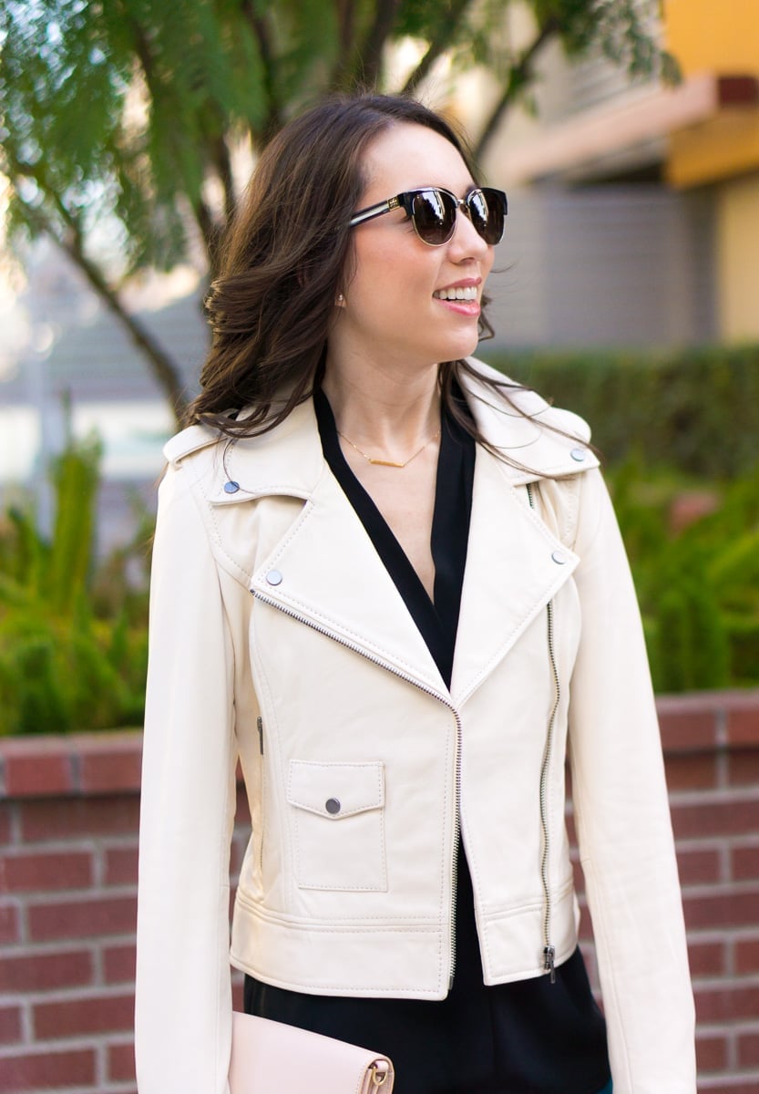 Ivory Leather Jacket Over Black Jumpsuit, Close-Up Take Ivory Leather Jacket Over Black Jumpsuit, Close-Up Take — Trendy Leather Jacket Outfits Women