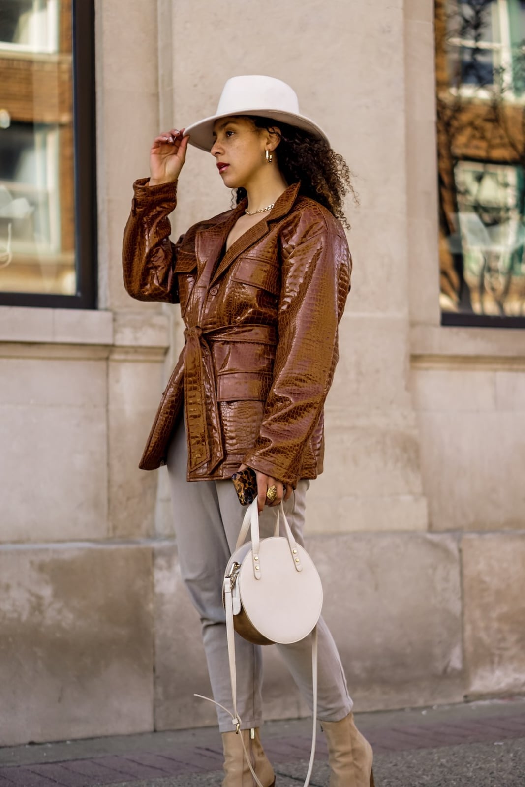 Croc-Effect Belted Jacket with Knit Trousers, Close-Up Take Croc-Effect Belted Jacket with Knit Trousers, Close-Up Take — Trendy Leather Jacket Outfits Women