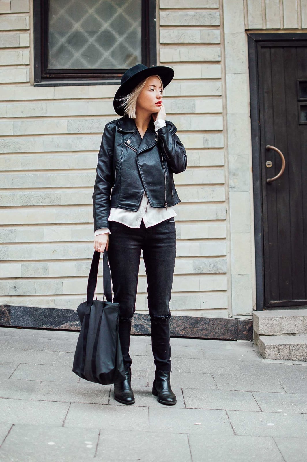 Black Moto Jacket with Button-Up Shirt and Skinny, Office-Safe Version Black Moto Jacket with Button-Up Shirt and Skinny, Office-Safe Version — Trendy Leather Jacket Outfits Women