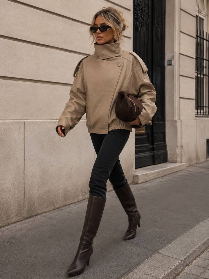 Beige Asymmetric Leather Jacket with Slim Pants Beige Asymmetric Leather Jacket with Slim Pants — Trendy Leather Jacket Outfits Women