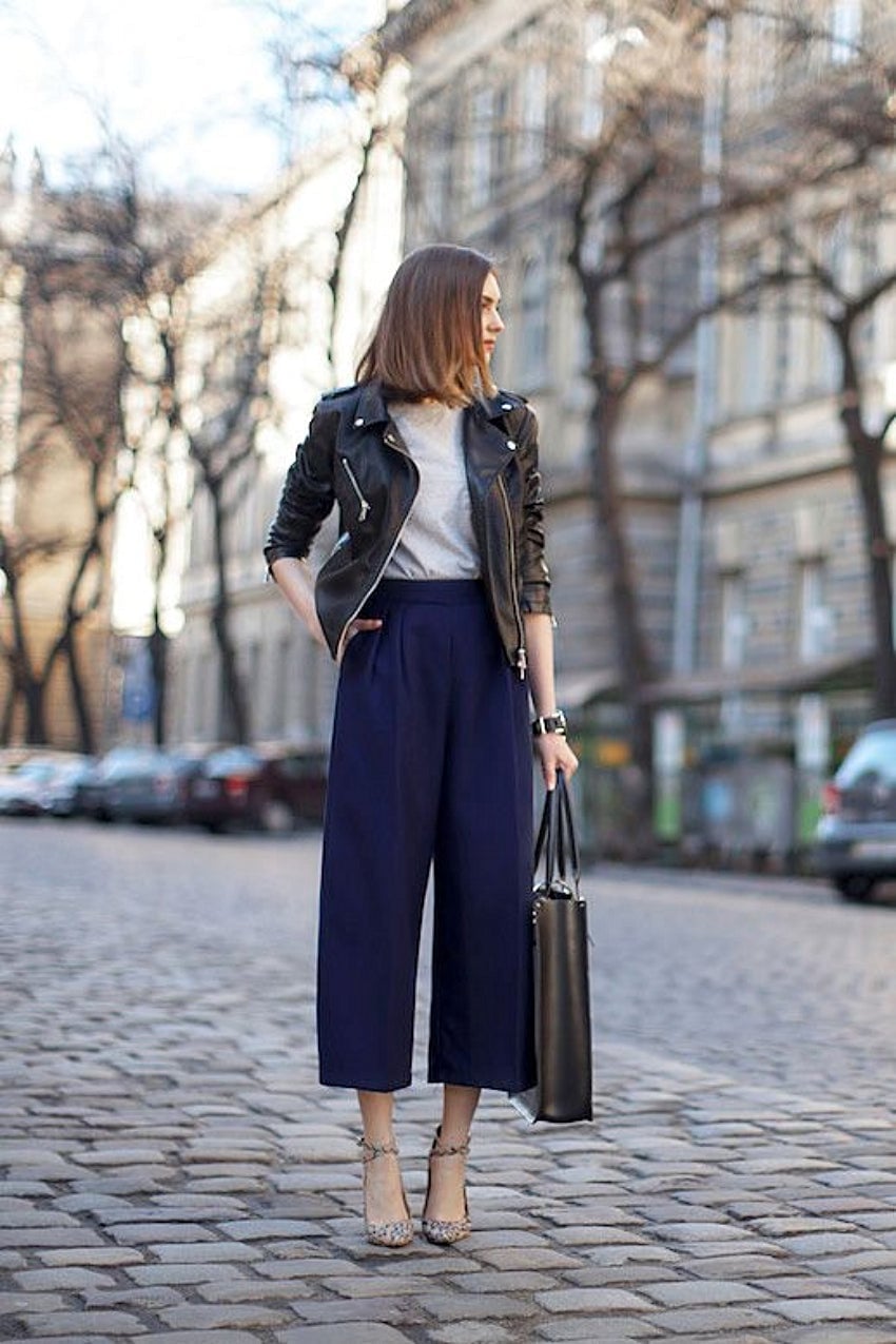 Black Moto Jacket with Culottes and Leopard Heels Black Moto Jacket with Culottes and Leopard Heels — Trendy Leather Jacket Outfits Women