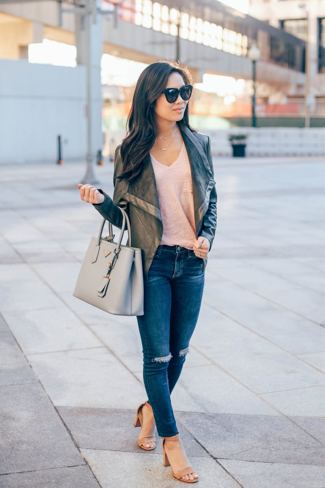 Grey Drape Jacket with Pink Top and Tan Heels Grey Drape Jacket with Pink Top and Tan Heels — Trendy Leather Jacket Outfits Women
