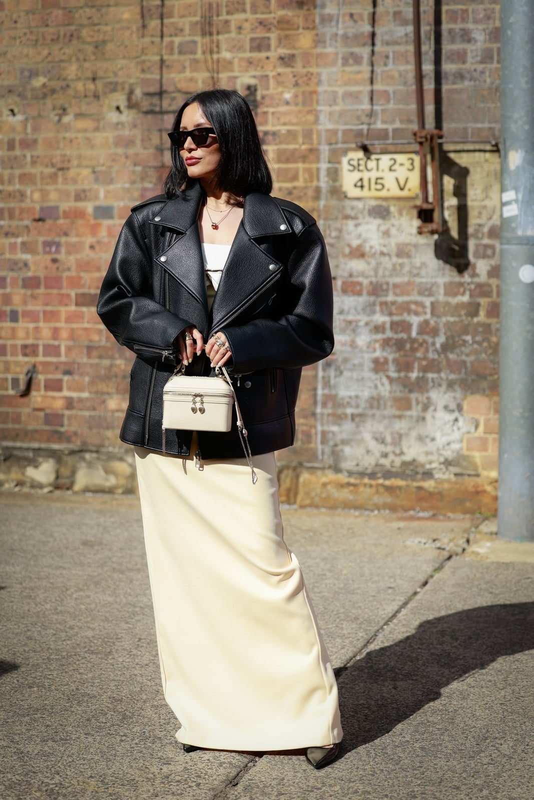 Black Biker Jacket with Maxi Skirt and Heels Black Biker Jacket with Maxi Skirt and Heels — Trendy Leather Jacket Outfits Women
