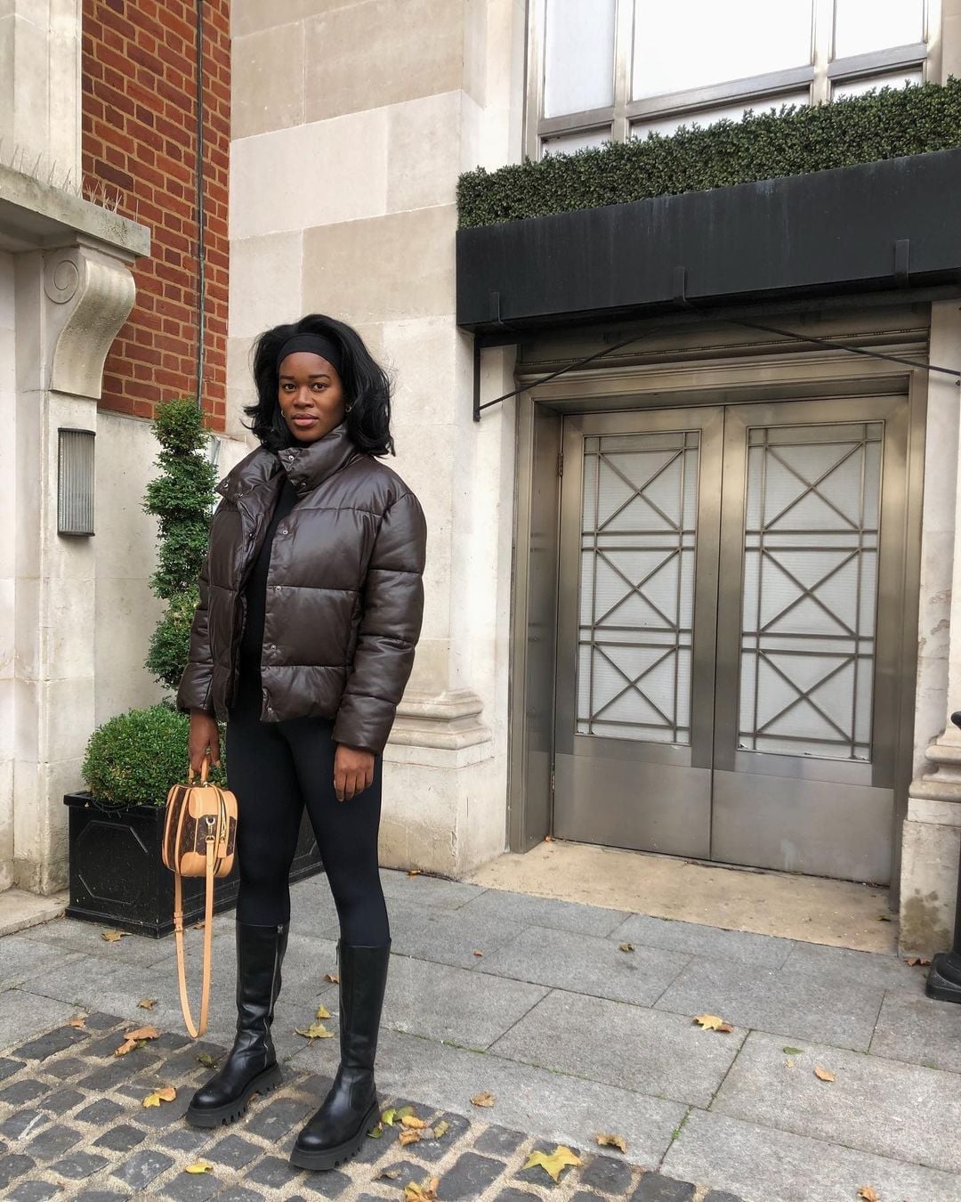 Black Leggings with a Brown Puffer Jacket — Trendy Leggings Outfits