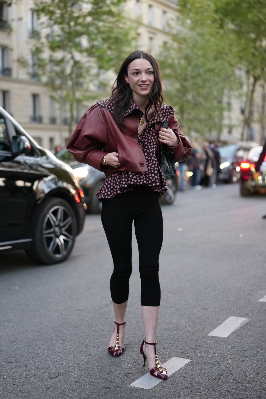 Cropped Leggings with a Burgundy Leather Jacket — Trendy Leggings Outfits