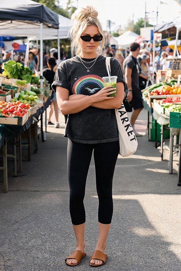 Black Capri Leggings with a Rainbow Graphic T-Shirt — Trendy Leggings Outfits