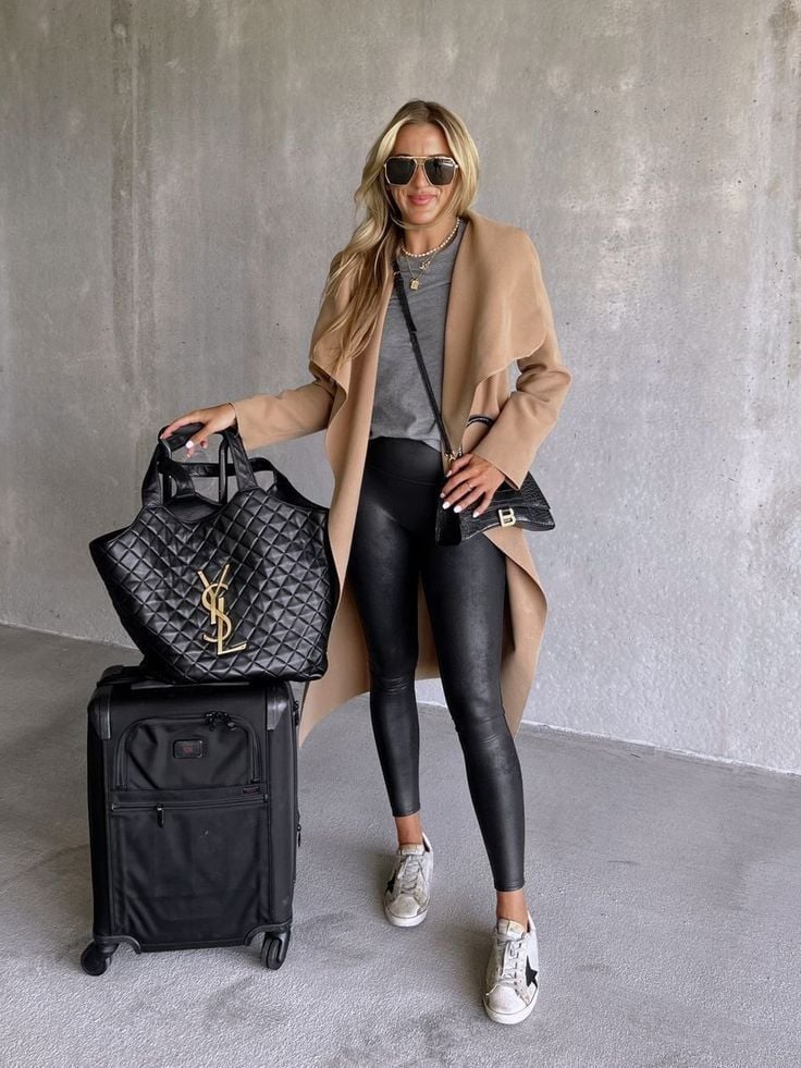Faux Leather Leggings with a Camel Longline Coat — Trendy Leggings Outfits