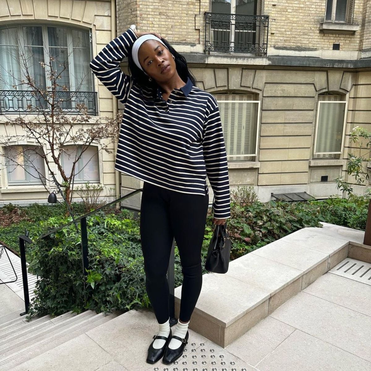 Striped Polo Shirt with Black Leggings and Mary Janes — Trendy Leggings Outfits