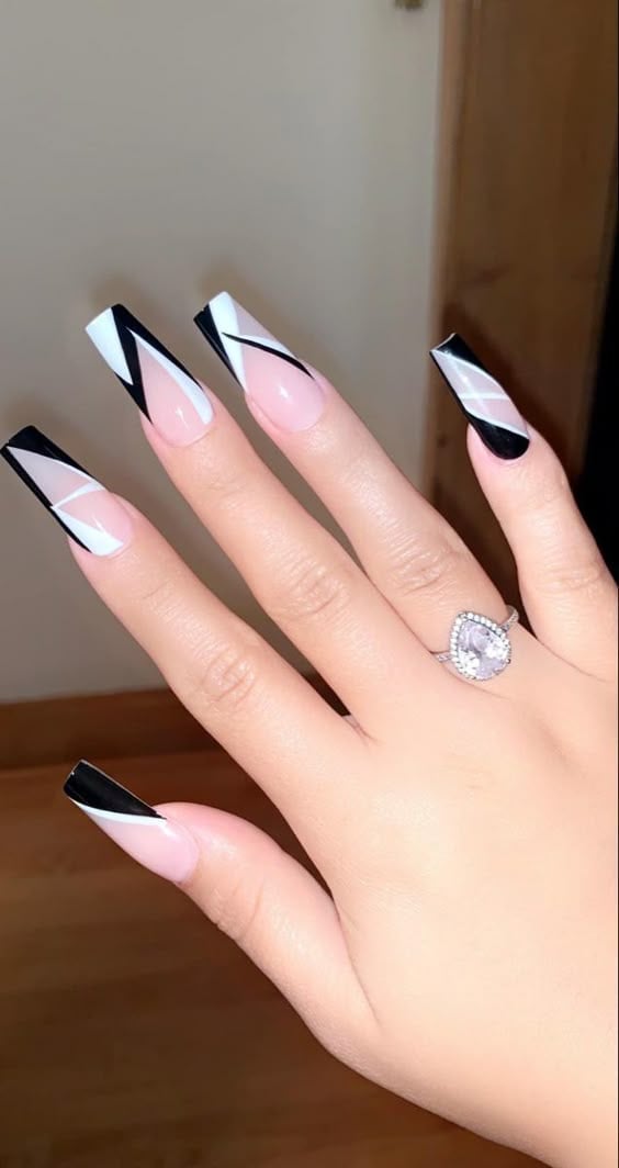Geometric French Black White Pink Long Coffin Nails Geometric French Black White Pink Long Coffin Nails — Trendy Long Nails