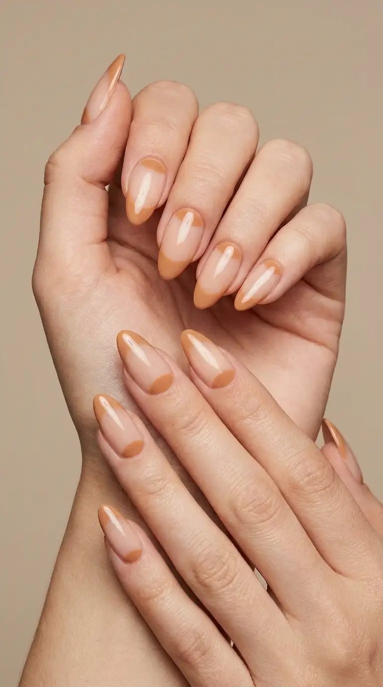 Caramel Half Moon French Long Almond Nails Caramel Half Moon French Long Almond Nails — Trendy Long Nails