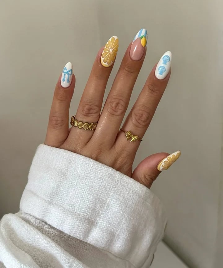 Summer Theme Lemon Blue Bow Long Oval Nails Summer Theme Lemon Blue Bow Long Oval Nails — Trendy Long Nails