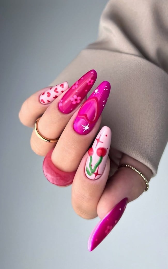 Cherry Flower Heart Star Long Oval Nails Cherry Flower Heart Star Long Oval Nails — Trendy Long Nails